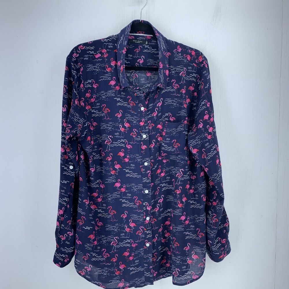 Max Jeans Women XL Tunic Top Button Up Roll Tab Beach Preppy Flamingos Button Up